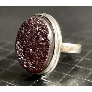 925 Druzy Quartz Ring Size 5 Sterling Silver Statement Oval Graphite Boho Stone